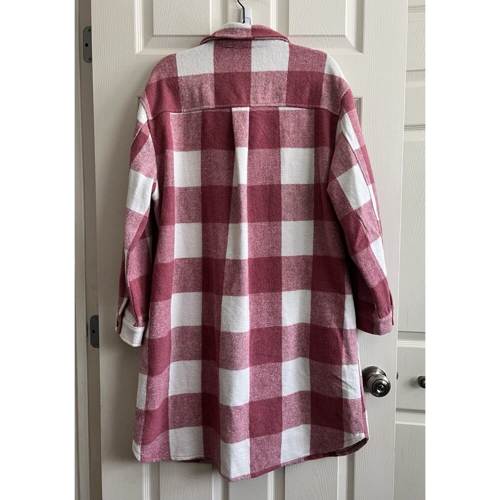 Pink White Plaid Check Buffalo Print Flannel Midi Button Long Shacket Jacket XL - Picture 7 of 11